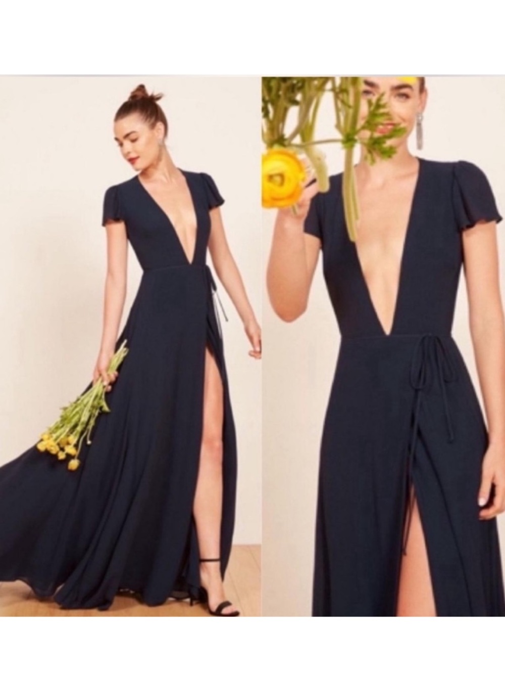 Reformation Rosey Navy Deep V Wrap Maxi Dress
